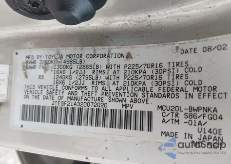 2002 Toyota Highlander V6 z USA, uszkodzony, nr VIN JTEGF21A320072020